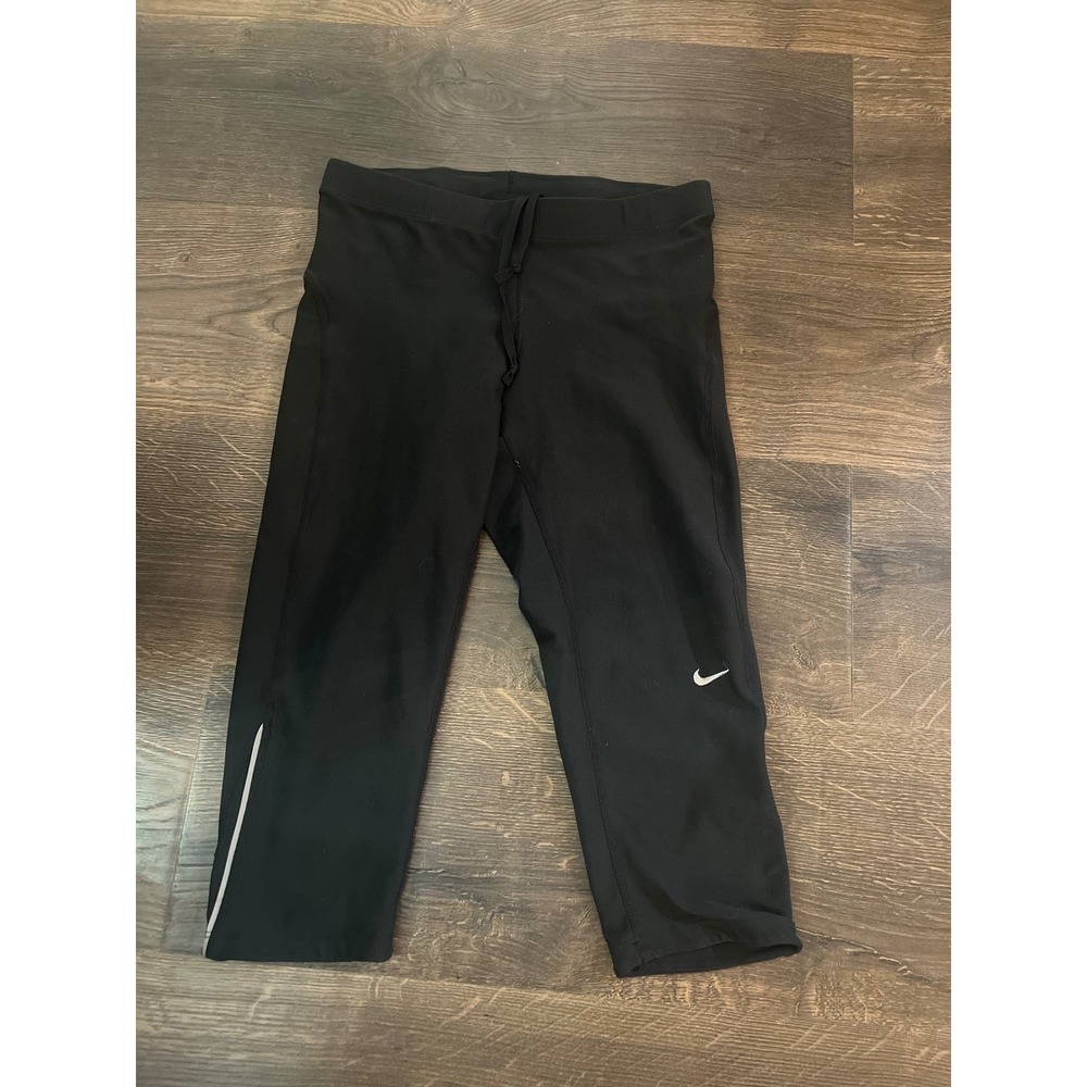 Nike Dri-FIT Womens Black‎ Running Leggings Cropped Tights Zipper Pocket Small